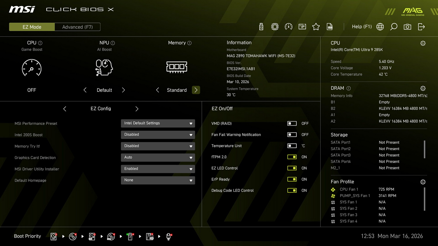 EZ Modeでは「Memory」の項目を「Standard」から「XMP1」にして保存を行う