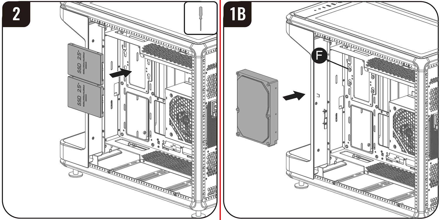 3.5インチおよび2.5インチドライブの取り付け方(マニュアルより抜粋)。Stage LCD/Mirrorは裏面区画に取り付ける。Panoramaは若干構造が異なり、着脱可能なマウントプレートにドライブを固定してから収納する