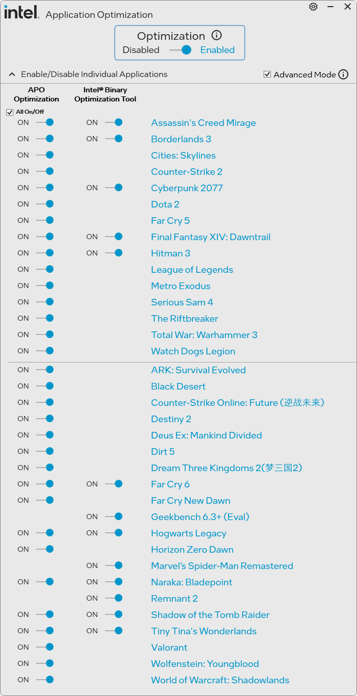 Core Ultra 7 270K Plusで起動したAPOツール。Advanced Modeに切り替えるとBinary Optimization Toolの設定が可能になる