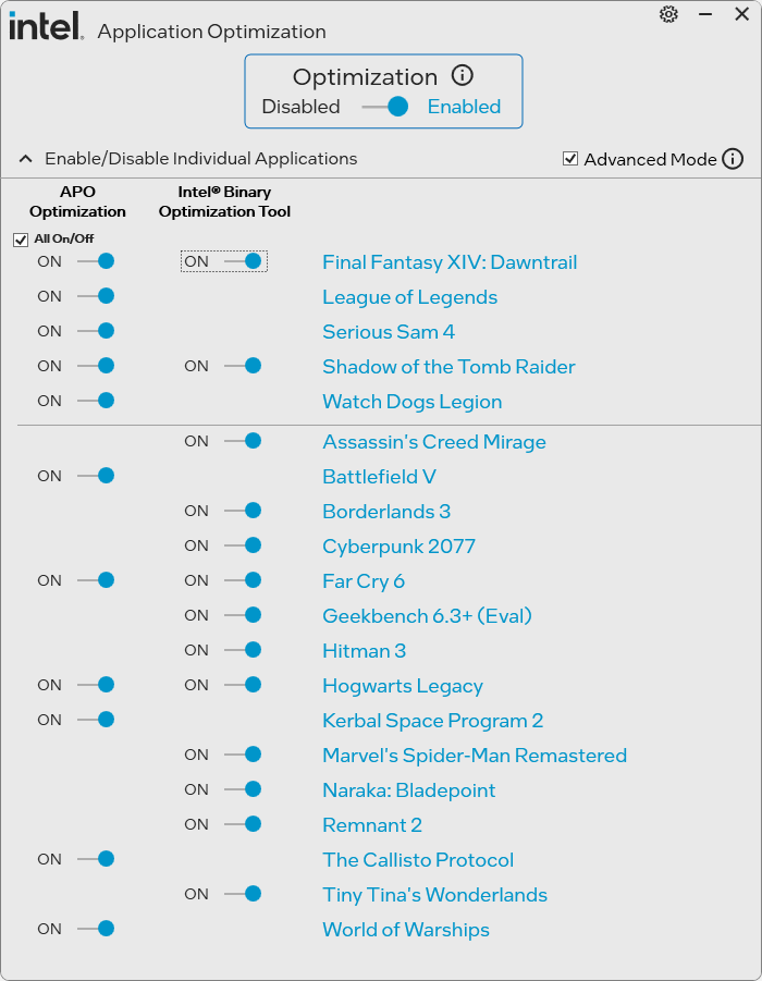 Core Ultra 5 250K PlusでもBinary Optimization Toolの設定が可能