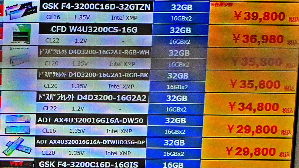 「DDR4-3200」16GB×2枚組が29,800円(3月21日撮影)
