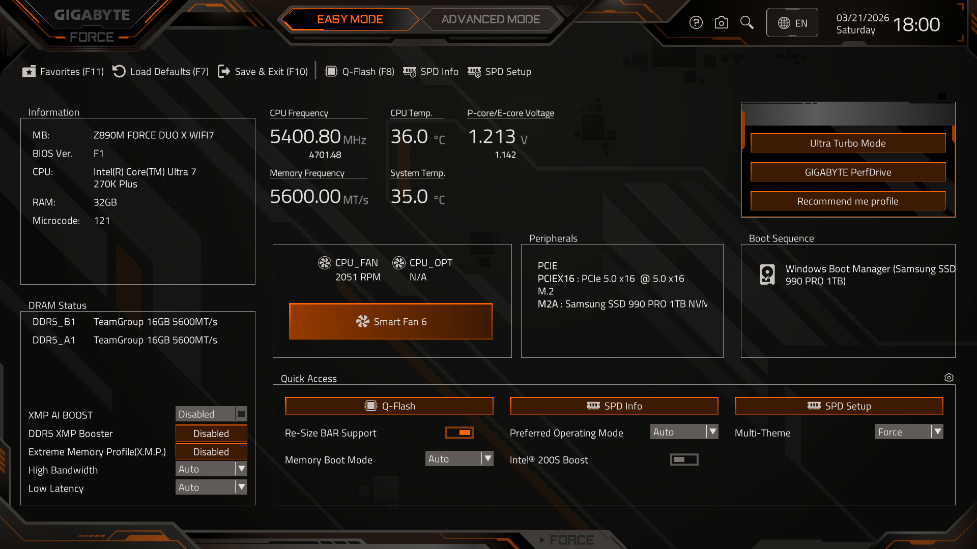 黒とオレンジでカラーリングされたBIOSメニュー(EASY MODE)