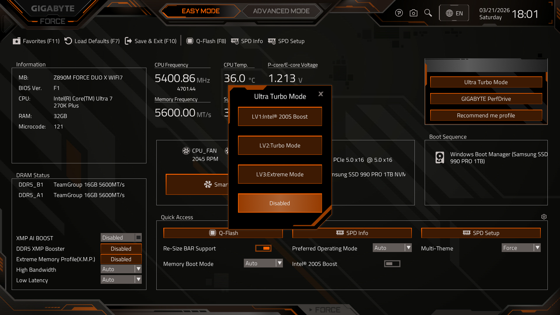 Ultra Turbo Mode。3つのレベルが用意されており、モードを選択するだけでオーバークロック設定を適用できる