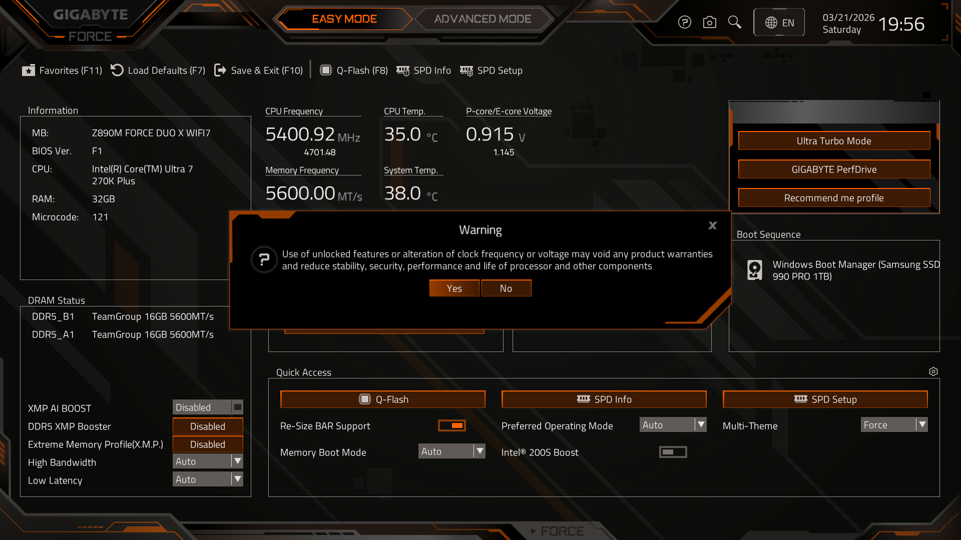 Lv3:Extreme Mode選択時のメッセージ。製品保証と安定性を損なうリスクについて警告している