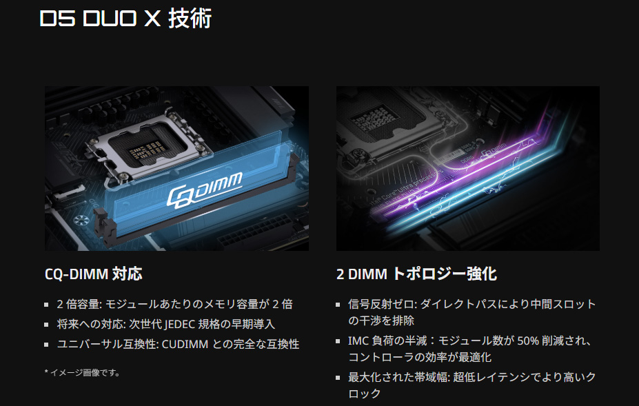 大容量メモリを実現する4ランクのCUDIMM「CQDIMM」への対応がうたわれている