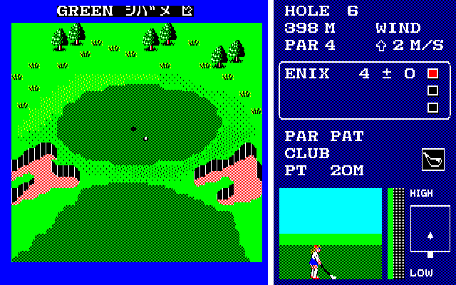 ボールがグリーン付近に落ちると、グリーン周りの拡大グラフィックに変わります。画面上部に芝目が表示されるので、それを手掛かりにショットを決めてカップインさせましょう。