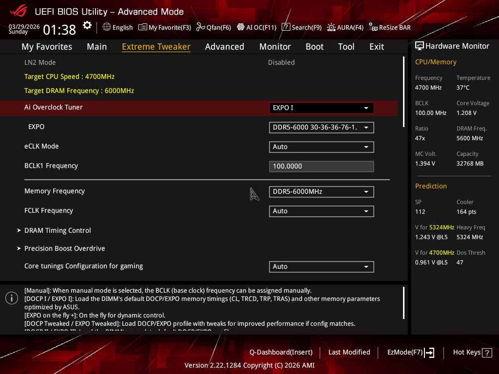 プロファイルを読み込むとDDR5-6000 30-36-36-76 1.35Vで動作する
