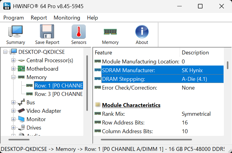 HWiNFO Proでメモリチップにはオーバークロック耐性が高いSK HynixのAダイが採用されていた