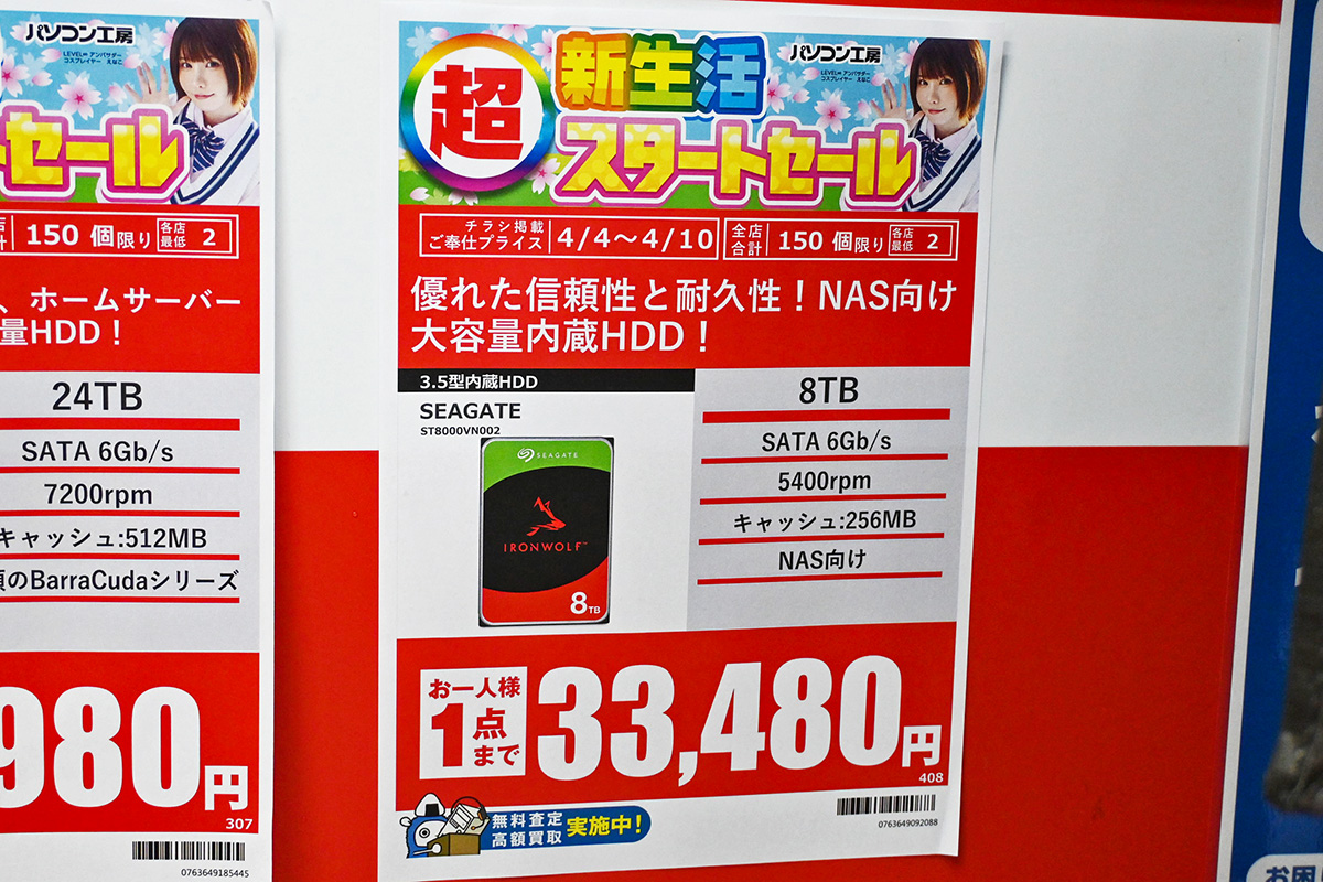 Seagate「IronWolf」SST8000VN002(8TB)が33,480円(4月4日撮影)