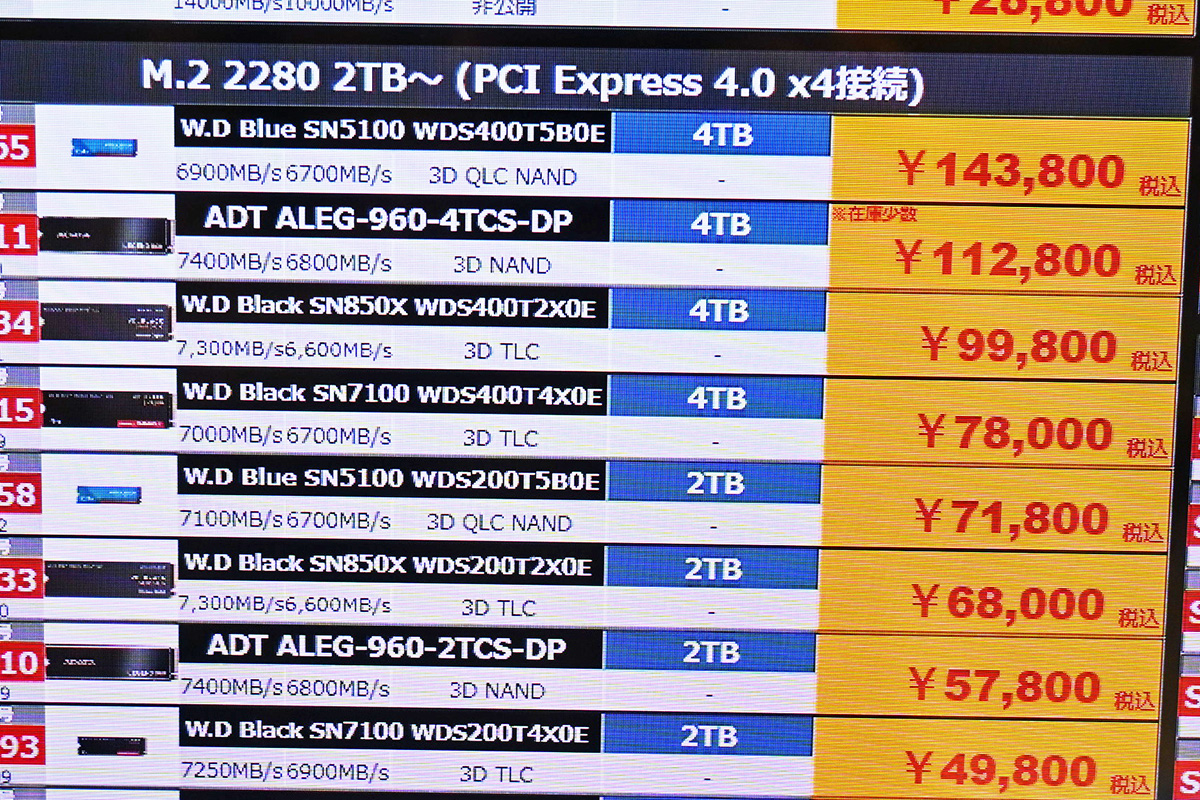 Western Digital(Sandisk)「WD Black SN7100」4TBが78,000円など(4月4日撮影)