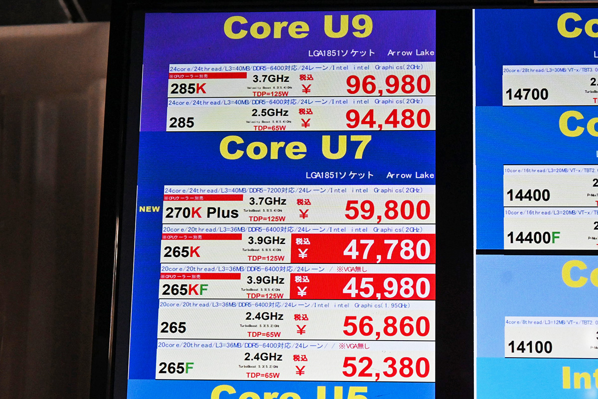 Core Ultra 9/7の価格表(4月4日撮影)