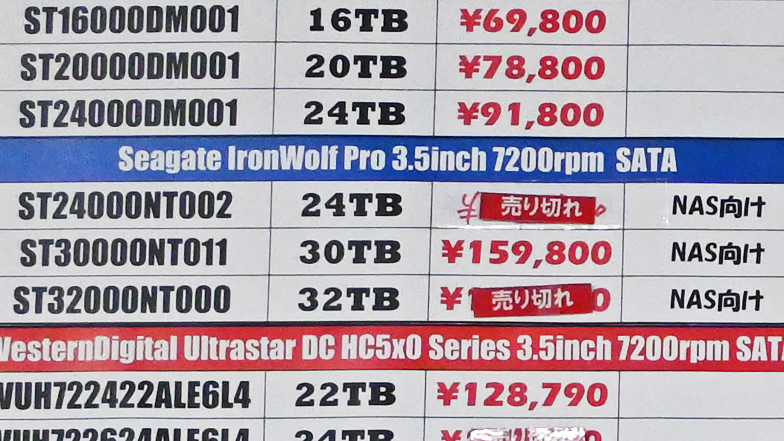 Seagate「IronWolf Pro」ST30000NT011(30TB)が159,800円、在庫切れも目立つ(4月18日撮影)
