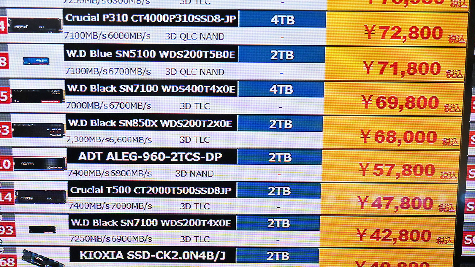 Western Digital(Sandisk)「WD Black SN7100」4TBが69,800円(4月11日撮影)