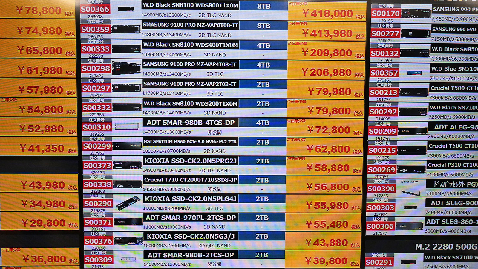 PCIe 5.0 x4対応・2～8TB店頭価格表(4月18日撮影)