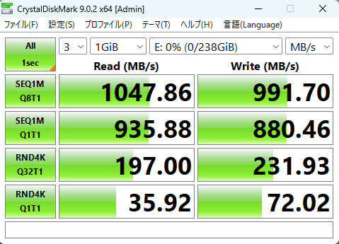 「CrystalDiskMark」での計測結果、USB 3.2 Gen2の速度がしっかり出ている