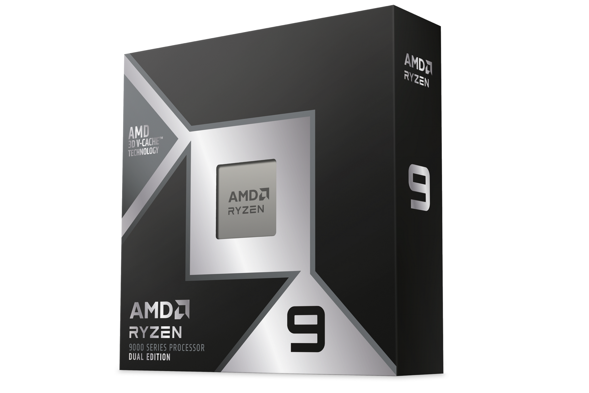 Ryzen 9 9950X3D2のパッケージ(レンダリングイメージ)。オレンジの差し色を濃いグレーに変えプレミアム感を演出している