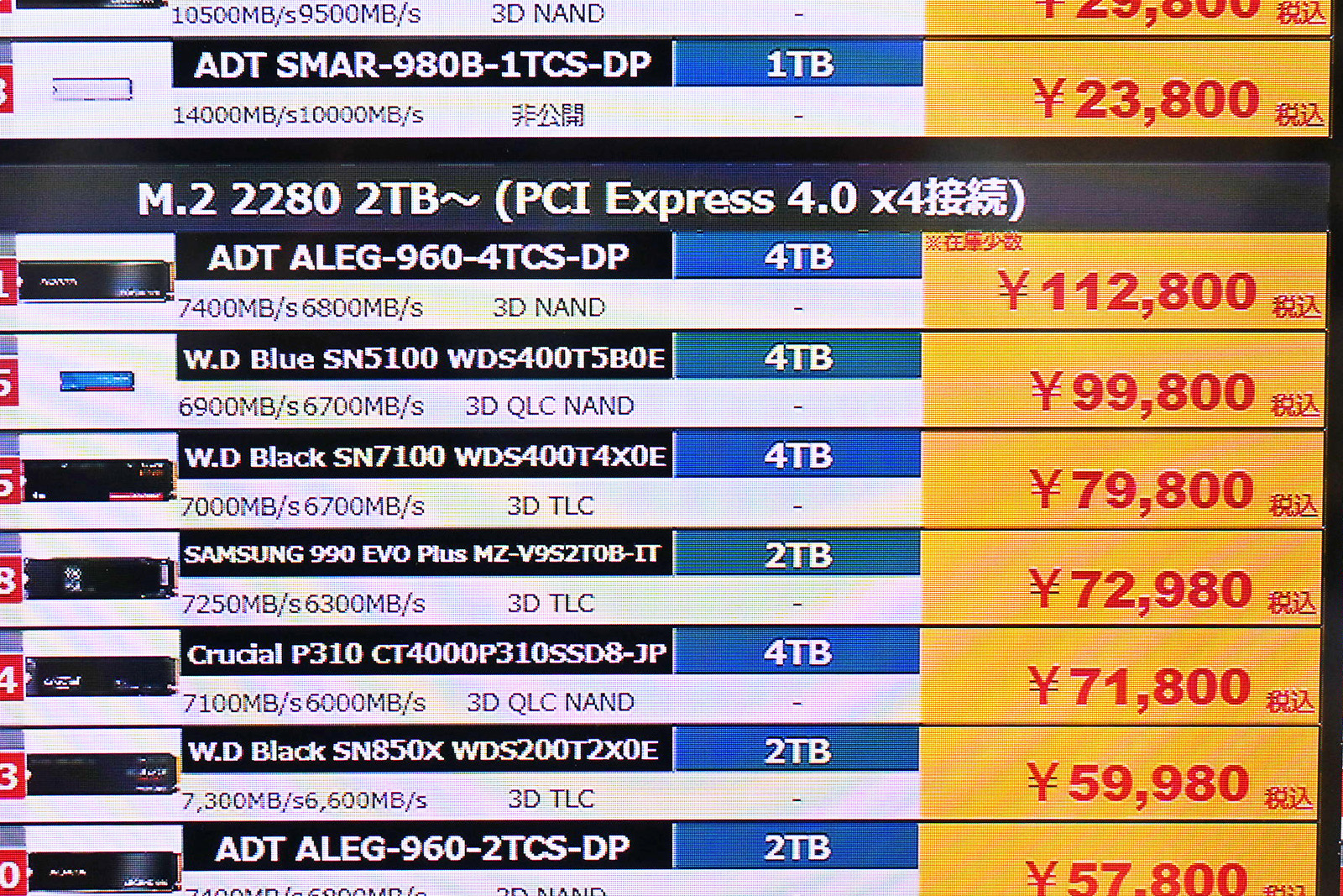 Western Digital(Sandisk)「WD Black SN7100」4TBが79,800円(4月25日撮影)