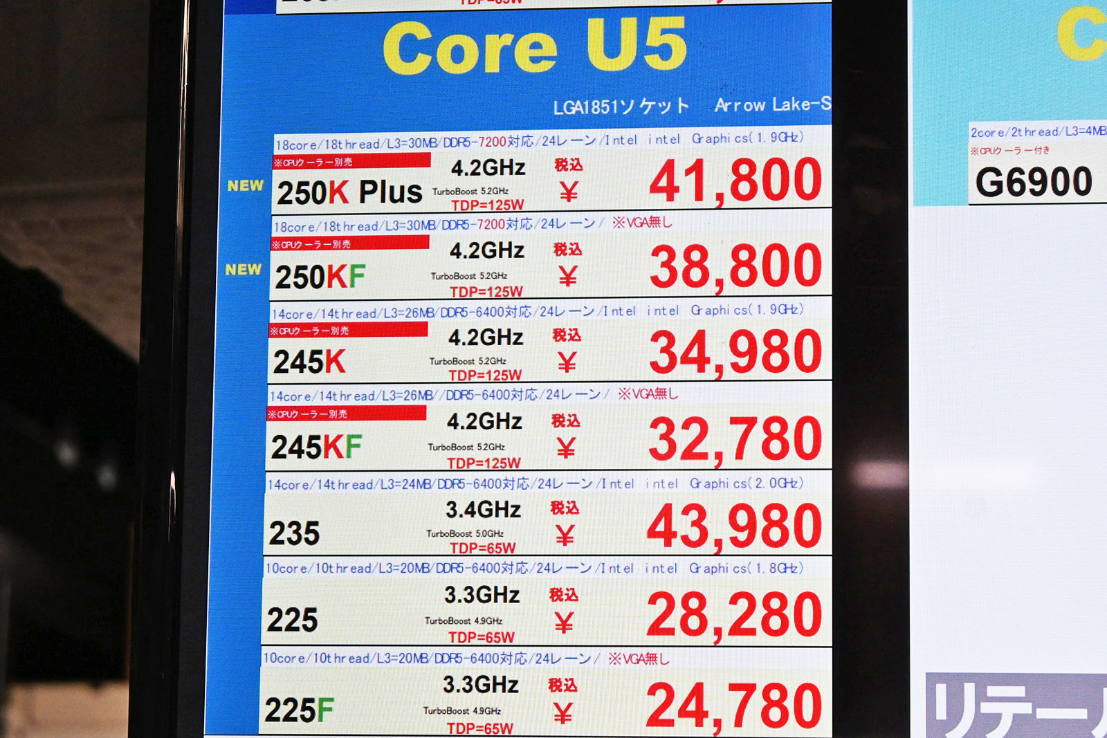 Core Ultra 5の店頭価格表(5月9日撮影)