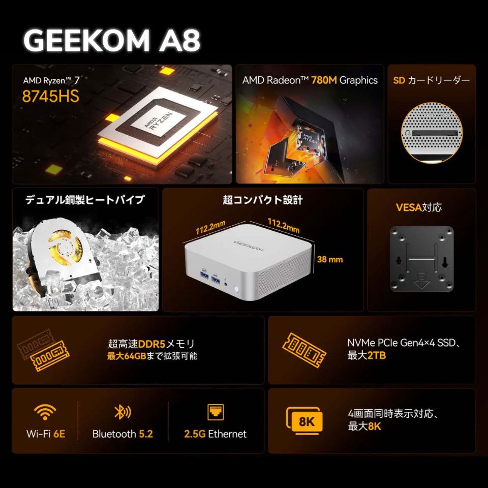 Ryzen 7 8745HS搭載の小型PC「GEEKOM A8」、4画面出力対応 - AKIBA PC