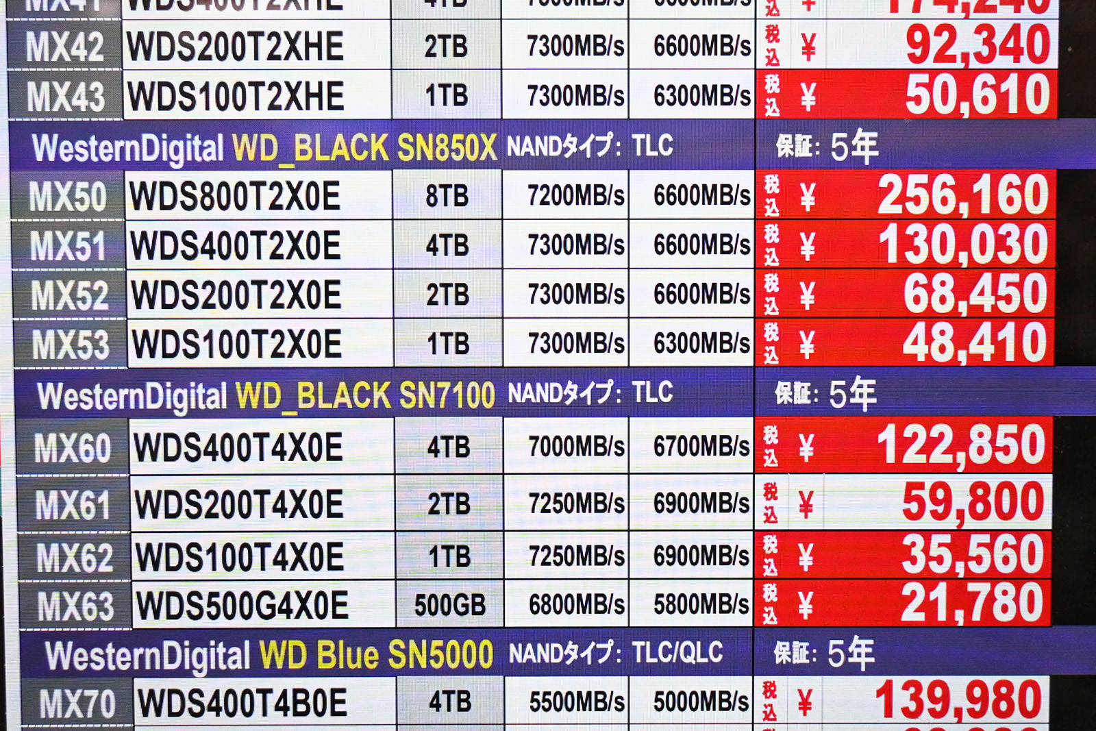 Western Digital(Sandisk)「SN850X/SN7100」の店頭価格表(5月23日撮影)