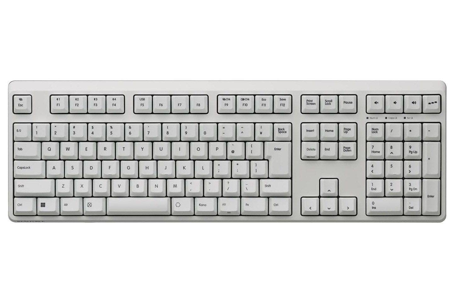 フルサイズキーボードの「<a href="https://akiba-pc.watch.impress.co.jp/docs/news/news/2055121.html" class="deliver_inner_content i">REALFORCE R4HA21</a>」。余裕のあるレイアウトでキー数に困ることはありませんが、本体幅が大きく卓上の占有率は高め