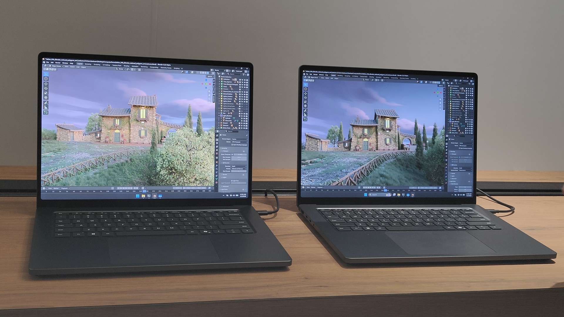 BlenderはDLSS RRを使うことでカメラ移動時の画質が向上(画面右)。明らかに陰影がはっきりしている