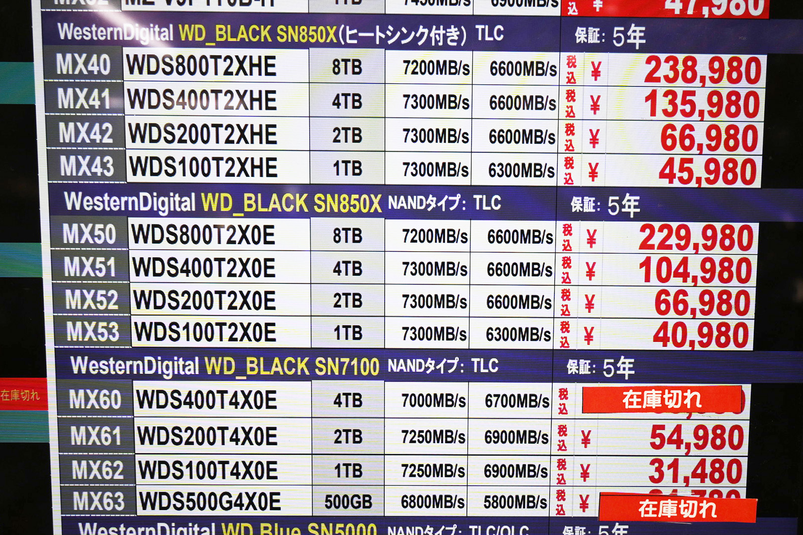 Western Digital(Sandisk)「SN850X/SN7100」店頭価格表(6月6日撮影)