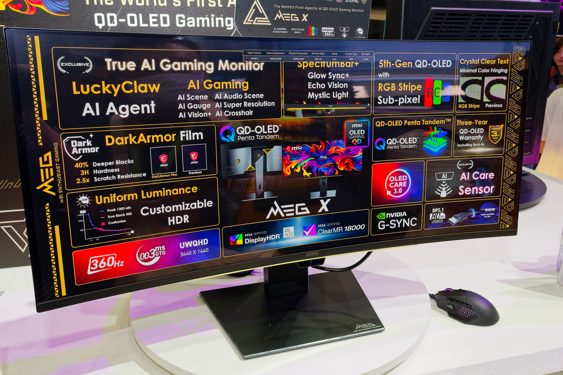 34型ウルトラワイドモニター「MEG X」。リフレッシュレートは360Hz。AI処理用プロセッサを内蔵し、モニター側で画像の超解像処理などを行なえる