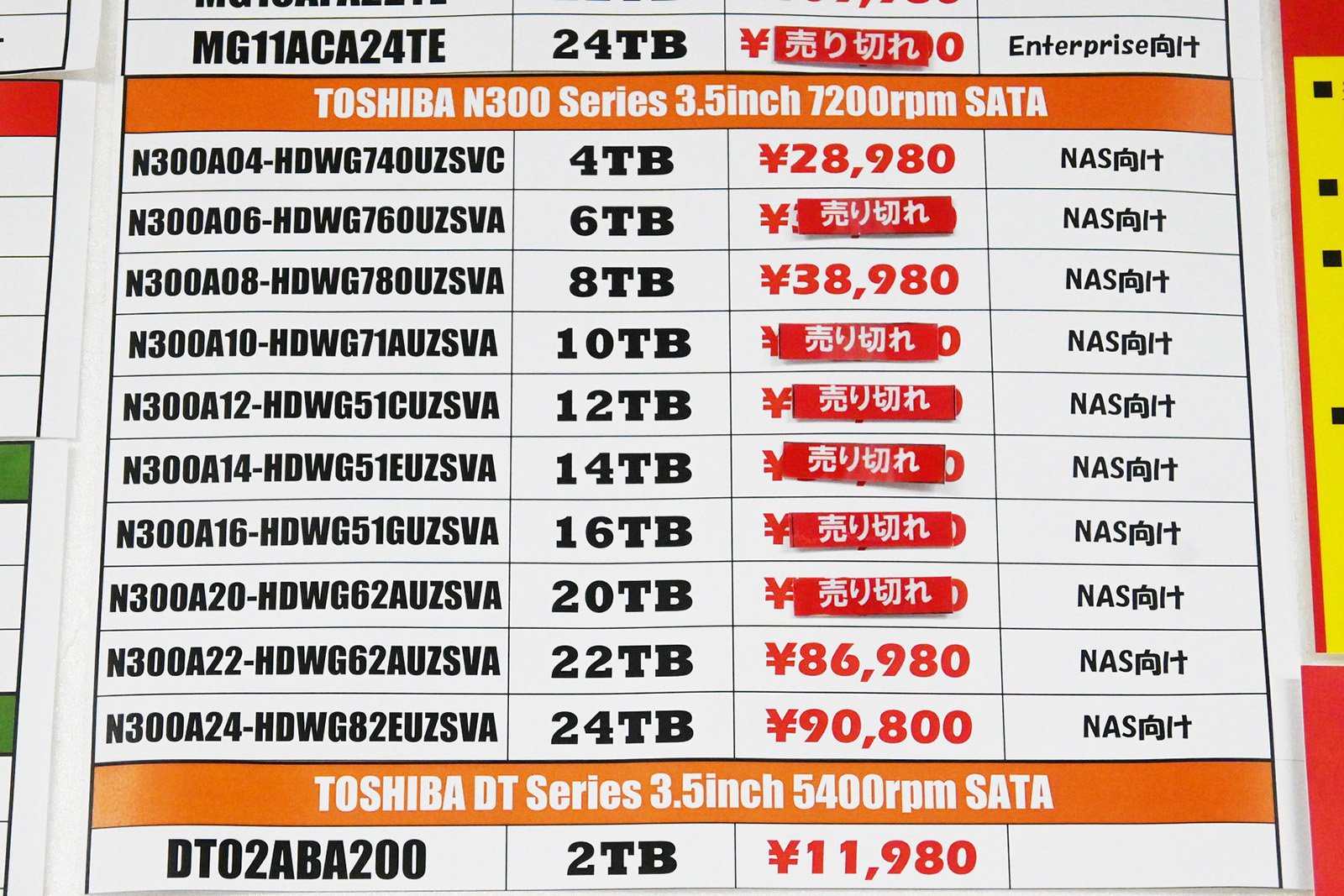 東芝「N300」店頭価格表(6月20日撮影)
