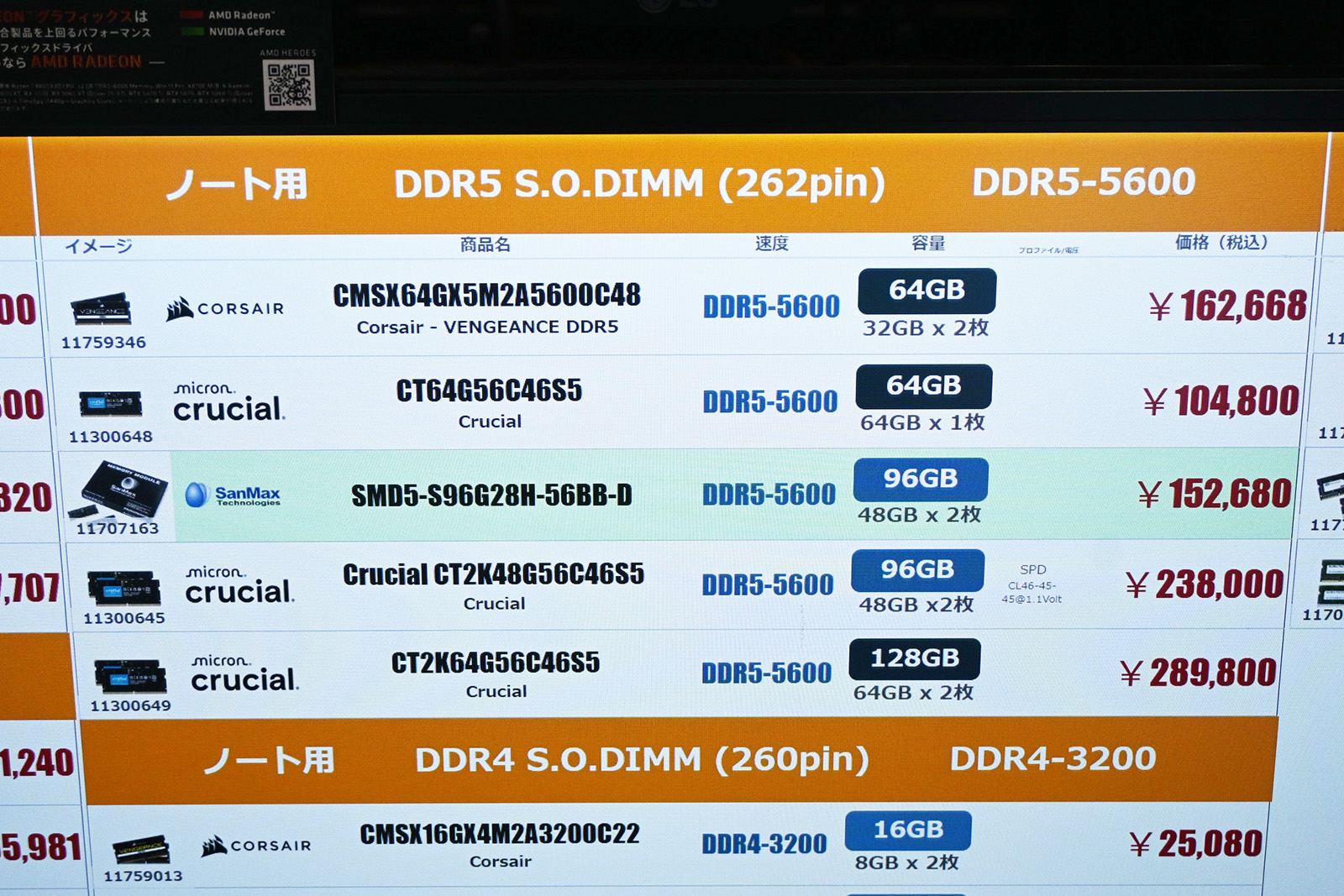 SO-DIMM「DDR5-5600」64GB(1枚)が104,800円(6月20日撮影)