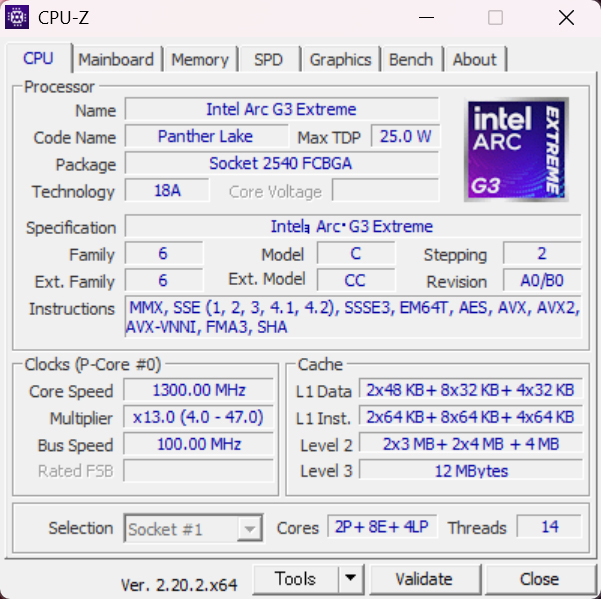 CPU-Zでの表示。Arc G3 Extremeは2基のPコア、8基のEコア、4基のLP Eコアで14コア14スレッド構成