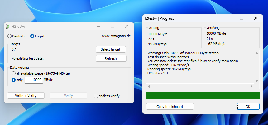 H2testw。データの書き込みとベリファイを行うことで、ストレージデバイスがデータを正常に記録できているのかを確かめることができる