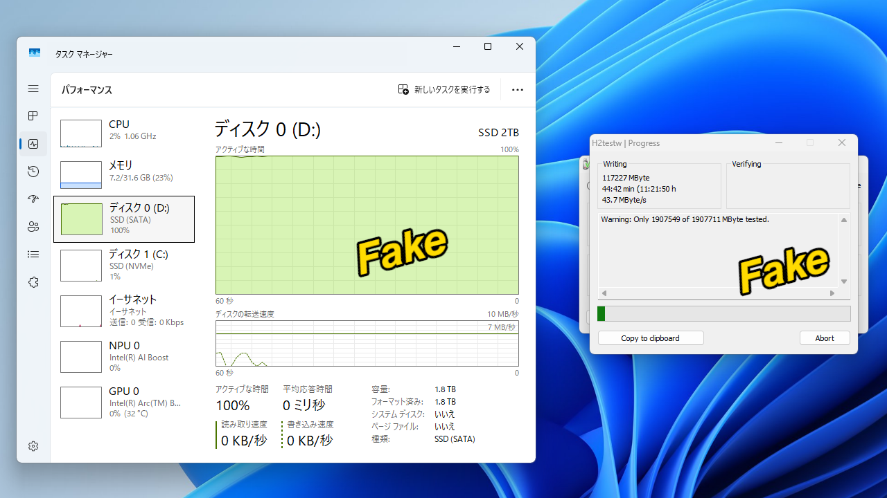 書き込んだデータ容量が約120GBに達したあたりでSSDへの書き込み速度がゼロになり、それ以上書き込みが進行しなくなるという現象が発生