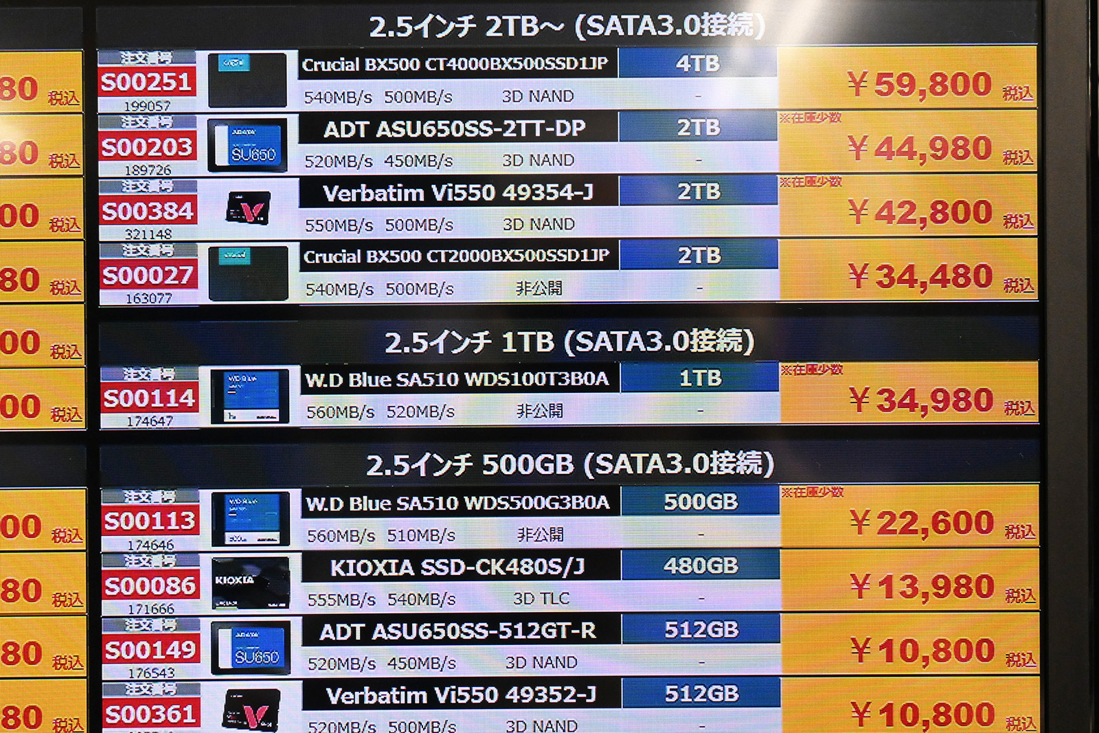 Sandisk(Western Digital)「WD Blue SA510」1TBが34,980円(7月4日撮影)