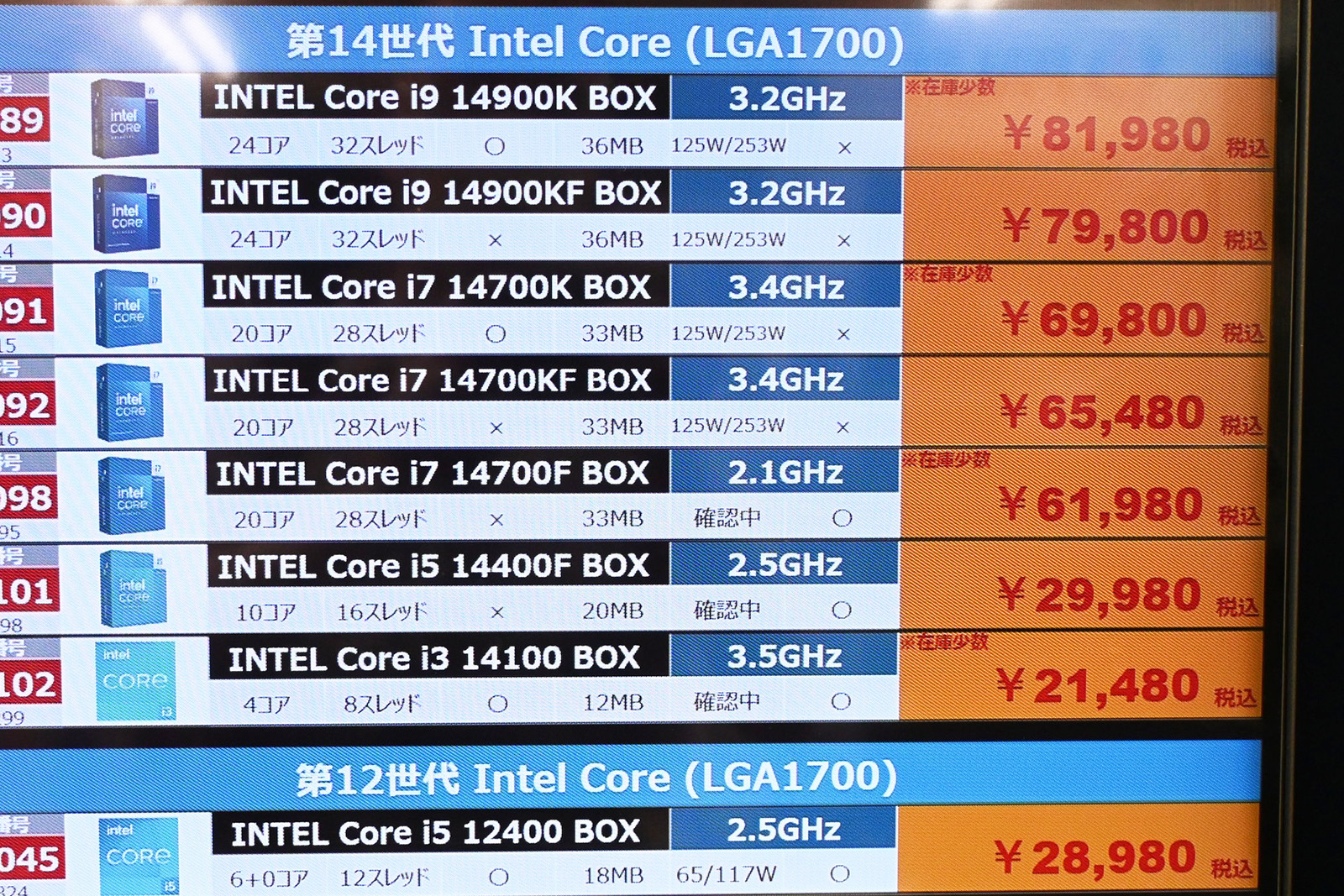 第14世代Coreシリーズ店頭価格表(7月4日撮影)