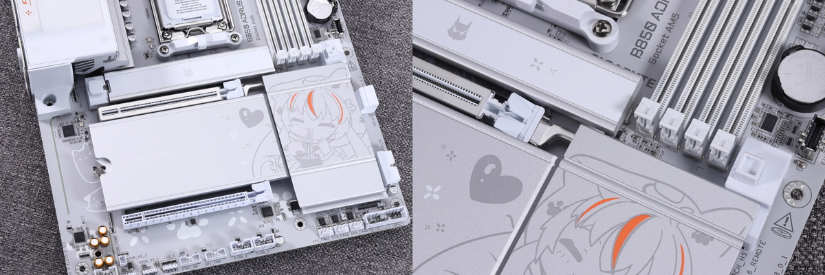 拡張スロットはCPU直結のPCIe 5.0 x16対応スロットと、チップセット接続のPCIe 4.0 x4対応スロット(x16形状)の2本。PCIe 5.0 x16対応スロットは金属補強仕様(PCIe UD スロット)で、ラッチ解除ボタンも備えている。