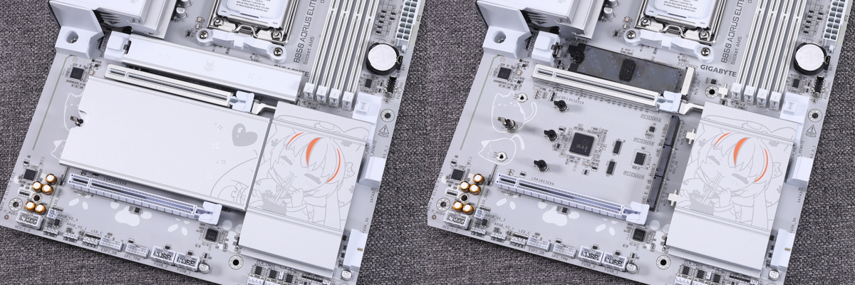 合計4本のM.2スロットを搭載。いずれもSSD冷却用のヒートシンクを装備しており、PCIe 5.0 x4対応のM2A_CPUスロットは、SSD裏面の冷却が可能なヒートシンクを装備している