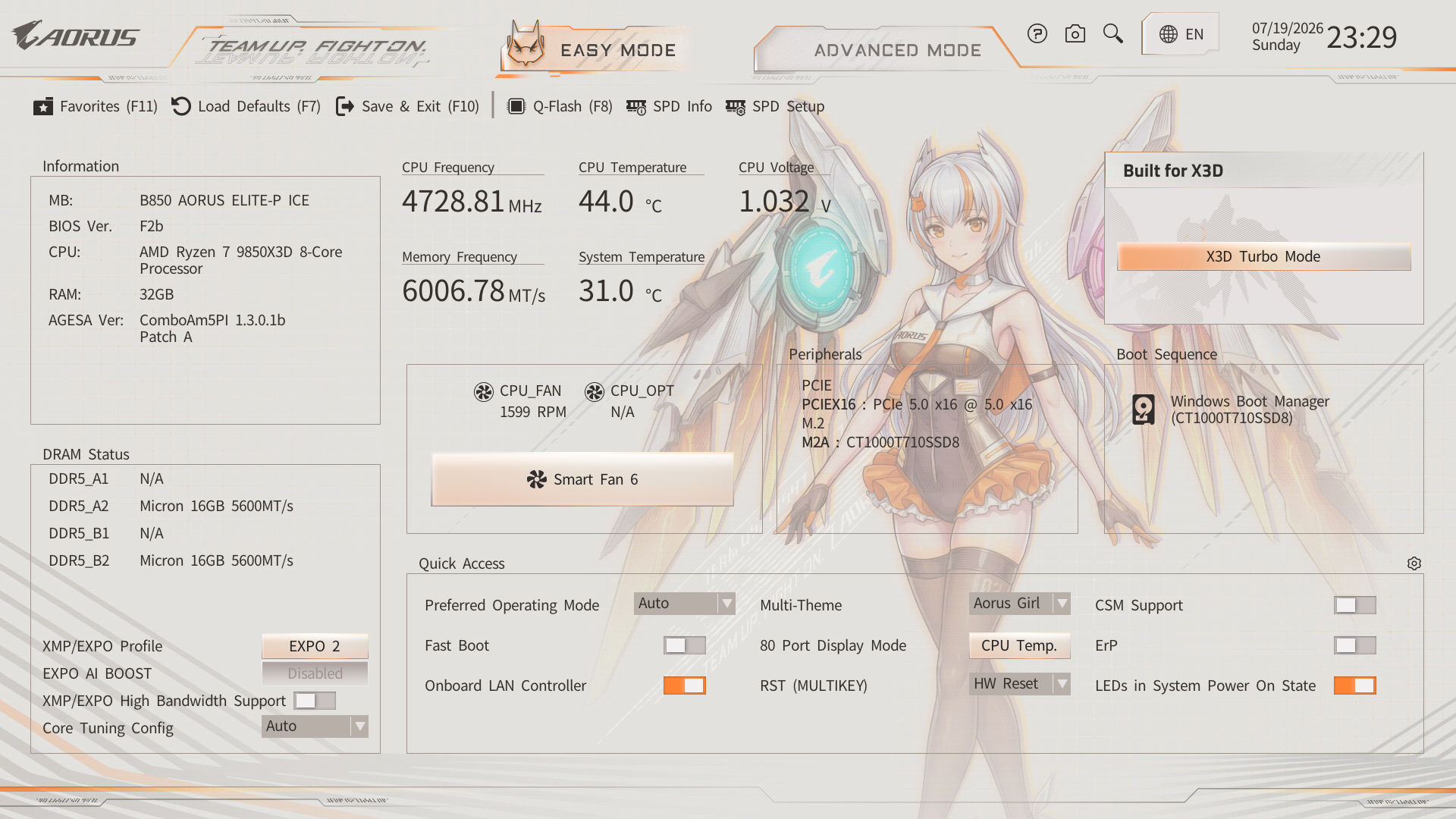 B850 AORUS ELITE-P ICEのBIOS画面。神鷹凛のイラストが大きく表示される特別仕様だ