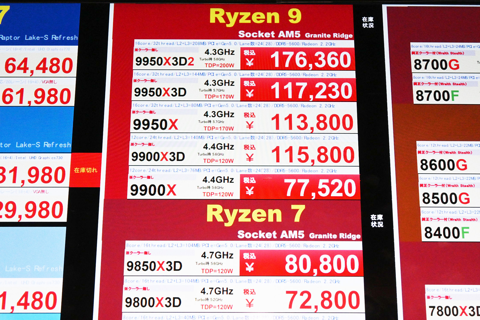 Ryzen 9000シリーズの店頭価格表(7月18日撮影)