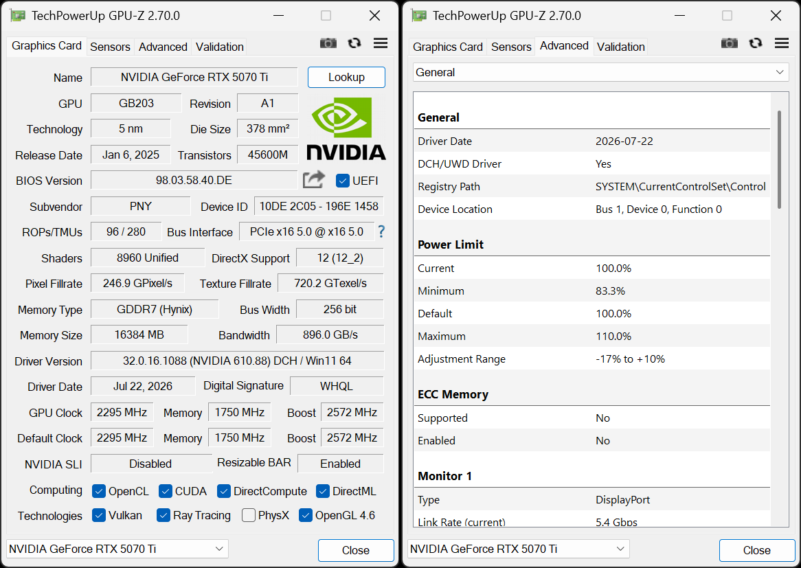 GPU-Zの画面。ブーストクロックは2,572MHzのOC設定、メモリクロックは定格、電力リミットの最大は110%