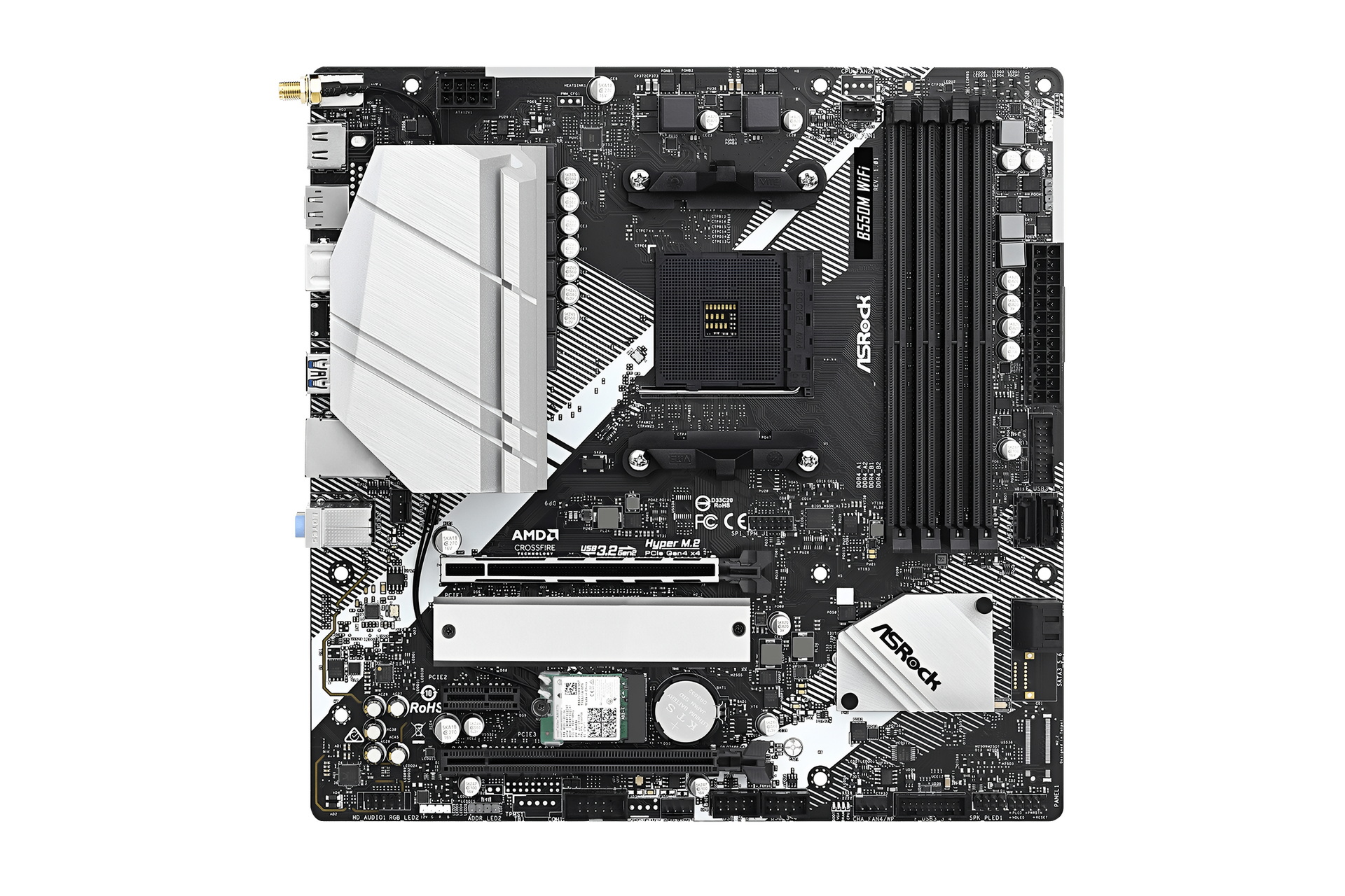 【Specification】拡張スロット：PCI-E 4.0 x16×1、PCI-E 3.0 x4(x16形状)×1、PCI-E 3.0 x1×1、M.2 Key E×1●主なインターフェース：M.2(PCI-E 4.0 x4接続)×1、SATA 3.0×4、USB 5Gbps×8、USB 2.0×6、HDMI×1、DisplayPort×1●LAN：1000BASE-T×1●無線：Wi-Fi 6E、Bluetooth 5.2