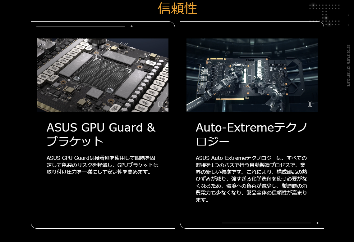 「ASUS GPU Guard & ブラケット」、「Auto-Extreme Technology」といった信頼性を高める技術も使われています