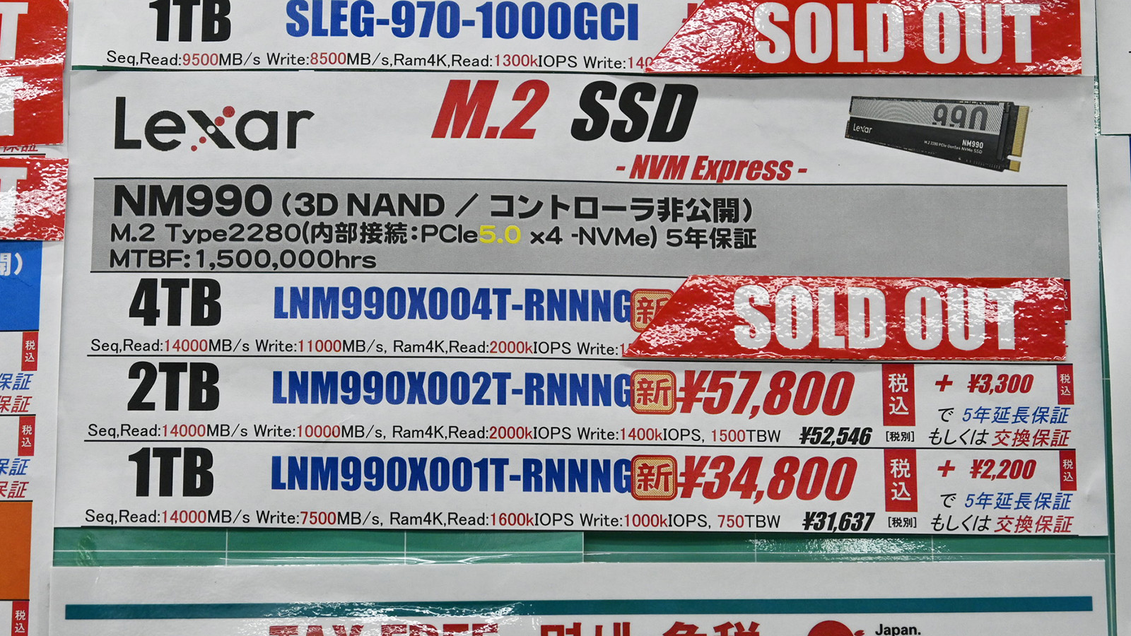PCIe 5.0 x4対応で最安価格帯のLexar「NM990」だが、4TBは品切れに(8月1日撮影)