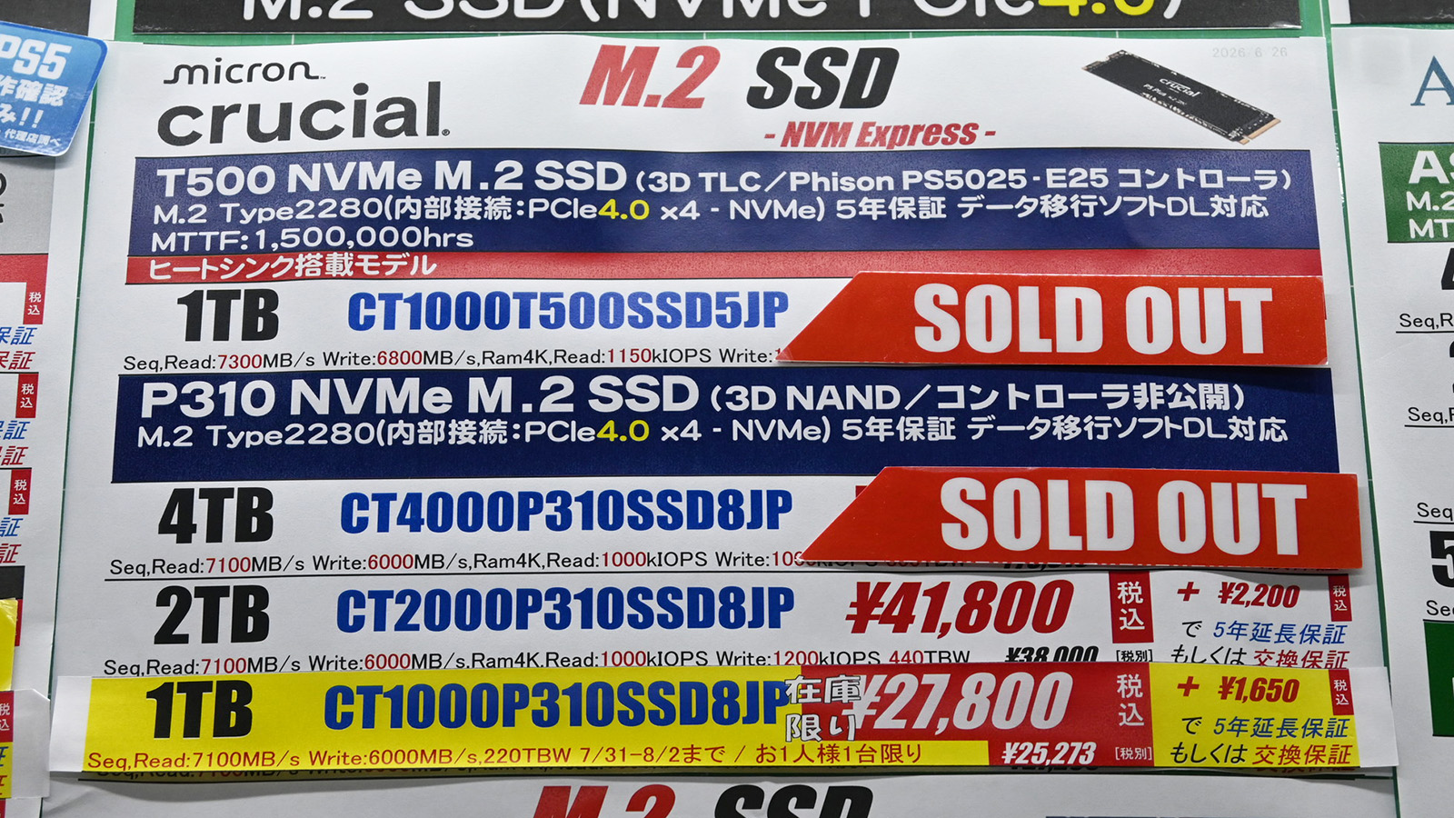 Crucial「P310」2TBが41,800円(8月1日撮影)