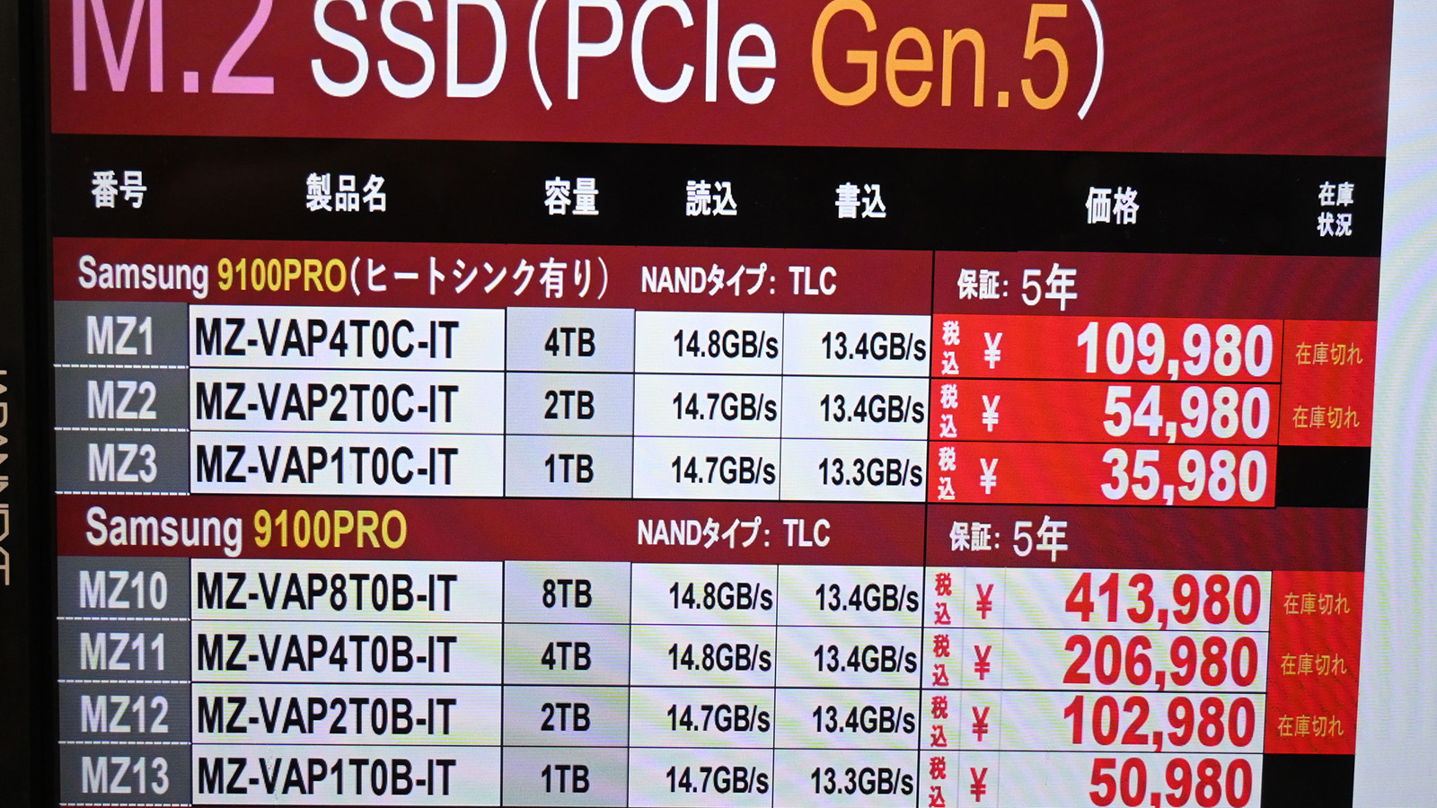 Samsung「9100 PRO」ヒートシンク搭載1TBが35,980円(8月1日撮影)