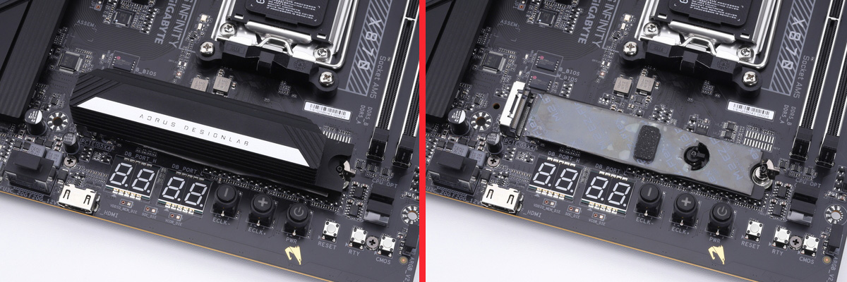 CPUソケットの右側に配置されているM2A_CPUスロット。最大PCIe 5.0 x4に対応する