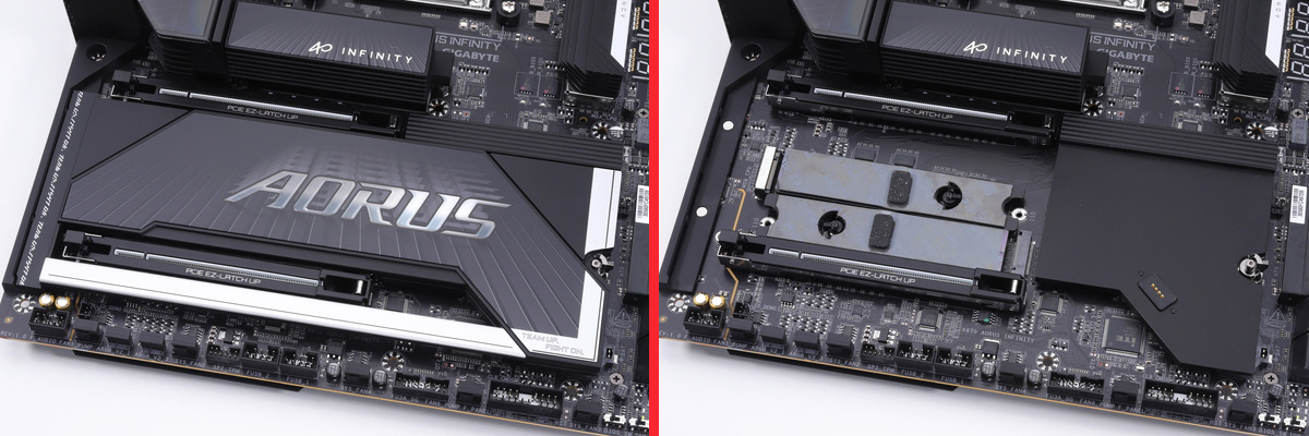 PCIe 5.0 x4対応のM2B_CPUスロット(上)と、PCIe 4.0 x4対応のM2D_SBスロット(下)。M2B_CPUスロットはUSB4と帯域を共有している