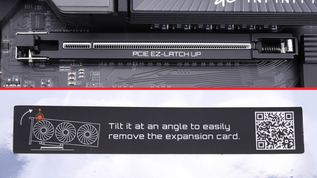 GIGABYTE独自のロック機構「PCIe EZ-Latch Up」を採用。ビデオカードのブラケット側を持ち上げるとカードのロックが解除される
