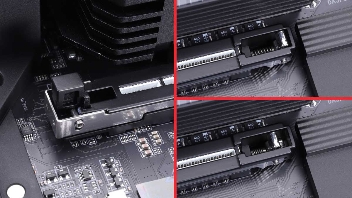 ブラケット側に樹脂製のプッシュスイッチが配置されており、ビデオカードを取り付けるとスイッチが押し込まれてロックがかかる。ビデオカードのブラケット側を持ち上げるとスイッチが戻ってロックが解除されるという仕組み