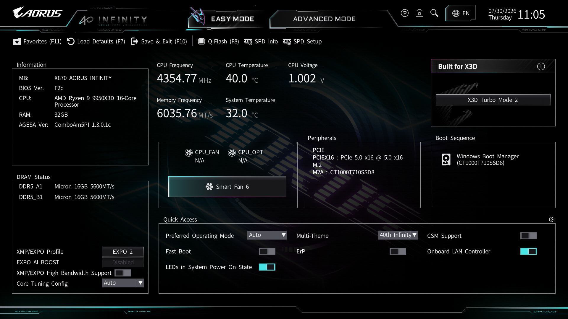 X870 AORUS INFINITYのBIOS画面。40周年記念モデル限定の特別デザインを採用している